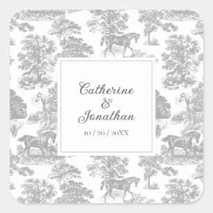 Elegant Vintage Grey White Horse Toile Wedding Square Sticker
