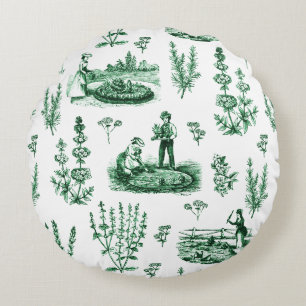 Elegant Vintage Herbal Garden Sage Green Toile Round Cushion