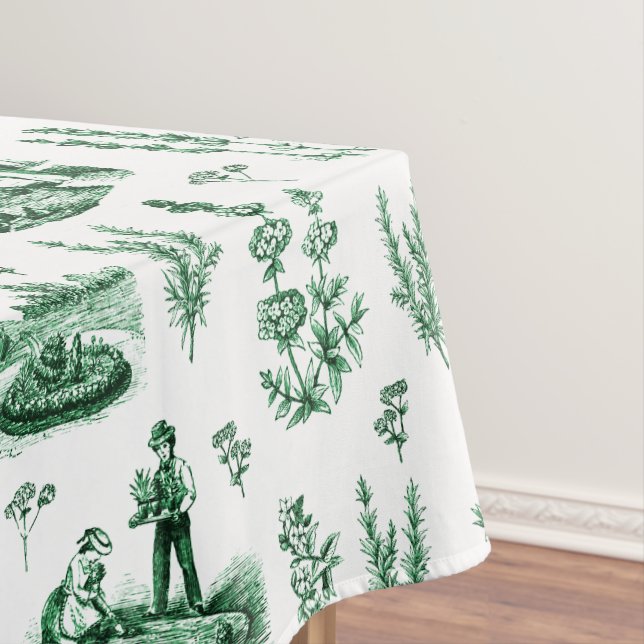 Elegant Vintage Herbal Garden Sage Green Toile Tablecloth (In Situ)
