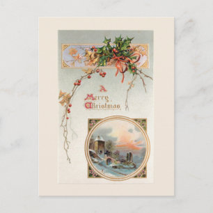 Elegant Vintage Holly, Rustic Scene & Greeting Postcard