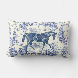 Elegant Vintage Horse Blue Floral Toile Lumbar Cushion