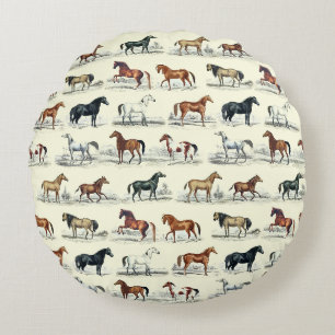 Elegant Vintage Horse Breeds Pattern Round Cushion