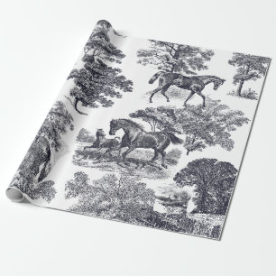 Elegant Vintage Horses French Blue Toile Seamless Wrapping Paper