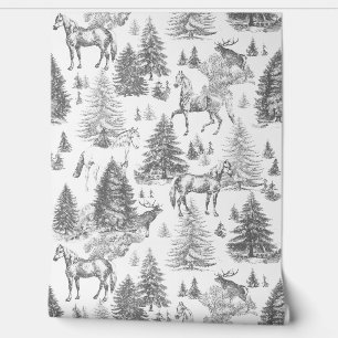 Elegant Vintage Horses in Snow Woods Toile  Wallpaper