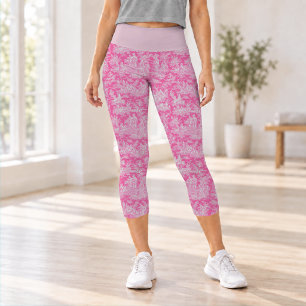 Elegant vintage hot pink toile de jouy capri leggings