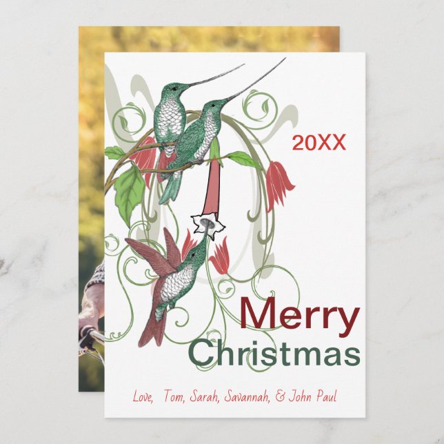 Elegant Vintage Hummingbird Merry Christmas Holiday Card (Front/Back)