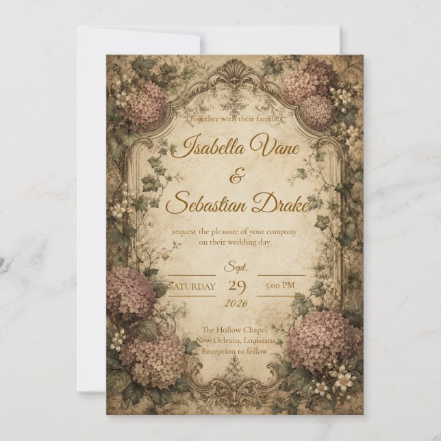 Elegant Vintage Hydrangea Wedding Invitation (Front)