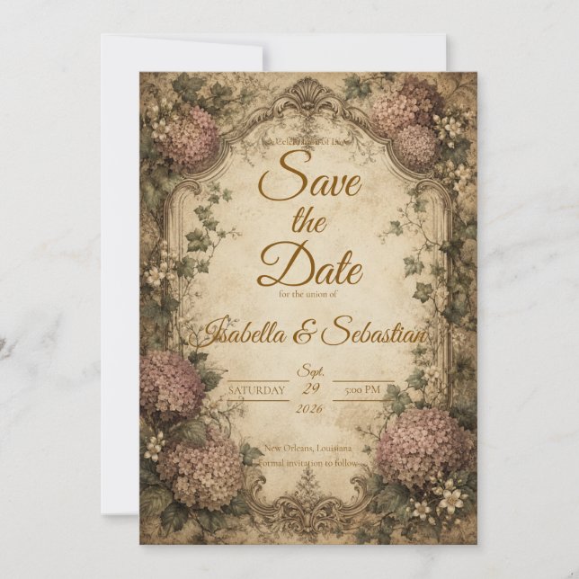 Elegant Vintage Hydrangea Wedding Save The Date (Front)