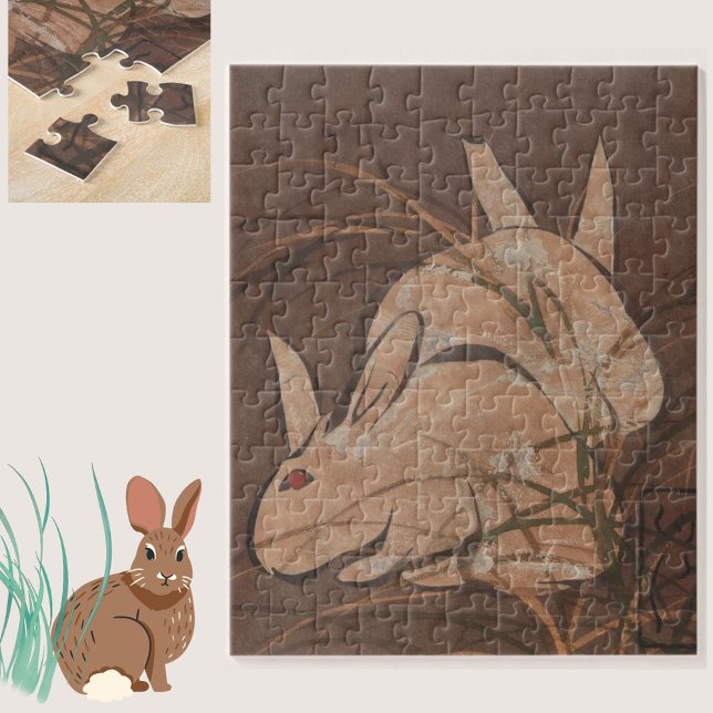 Elegant Vintage Japanese Rabbits Fine Art Jigsaw Puzzle (A  lovely vintage Asian rabbit print jigsaw puzzle, for hours of enjoyment.)