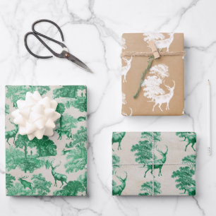 Elegant Vintage Kraft Green Country Toile Deer Wrapping Paper Sheet