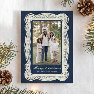 Elegant Vintage Lace Navy Christmas Photo Holiday Card