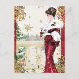 Elegant Vintage Lady with Christmas Gift  Postcard