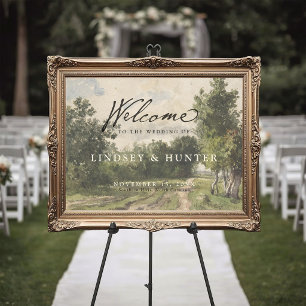 Elegant Vintage Landscape Painting Wedding Welcome Poster