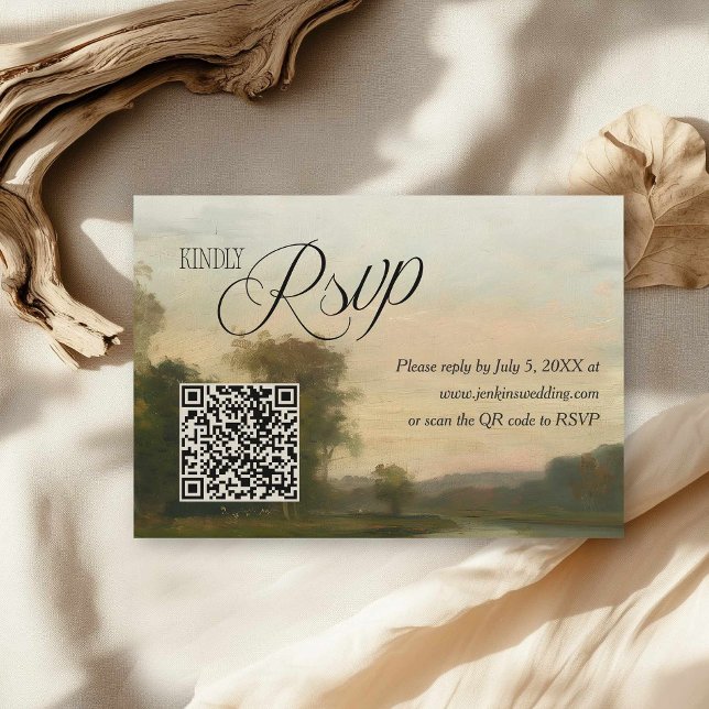 Elegant Vintage Landscape QR Code Wedding RSVP Card (Elegant Landscape Vintage Wedding RSVP with QR Code)