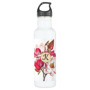 Elegant Vintage Magnolia Pink Flower Beige Name 710 Ml Water Bottle