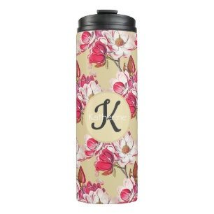 Elegant Vintage Magnolia Pink Flower Beige Name Thermal Tumbler