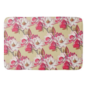 Elegant Vintage Magnolia Pink Flower Beige Pattern Bath Mat
