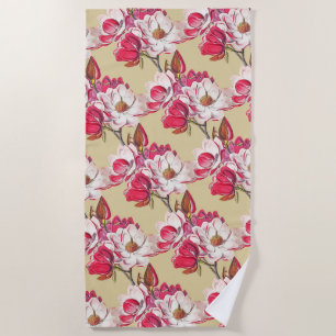 Elegant Vintage Magnolia Pink Flower Beige Pattern Beach Towel