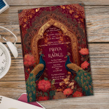 Elegant Vintage Maroon Gold Peacock Indian Wedding