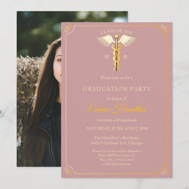 Elegant Vintage Medical Graduation Invitation | Du (Front/Back)