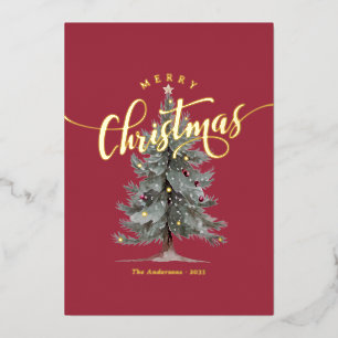 Elegant Vintage Merry Christmas Script Rustic Tree Foil Holiday Card