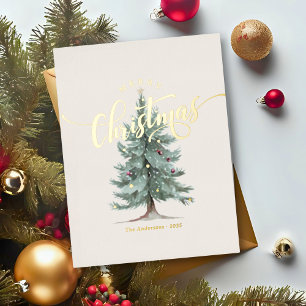 Elegant Vintage Merry Christmas Script Rustic Tree Foil Holiday Postcard
