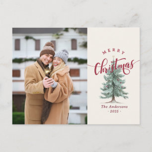 Elegant Vintage Merry Christmas Script Tree Photo Holiday Postcard