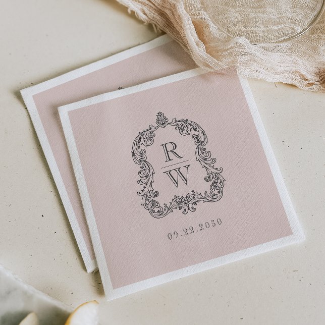 Elegant Vintage Monogram Crest Blush Pink Wedding Napkin (Creator Uploaded)