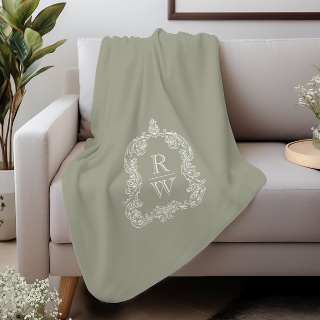 Elegant Vintage Monogram Crest Sage Green Sherpa Blanket (Creator Uploaded)