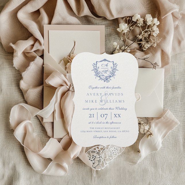 Elegant Vintage Monogram Dusty Blue Wedding Invitation (Creator Uploaded)