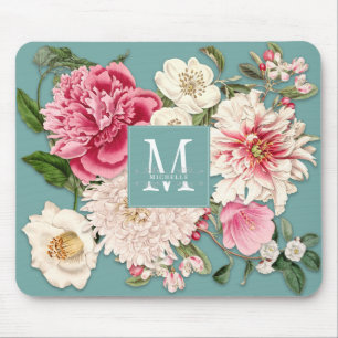 Elegant Vintage Monogram Swirls Mint Floral Custom Mouse Pad