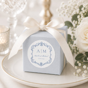 Elegant Vintage Monogram Wedding Dusty Blue Classic Round Sticker