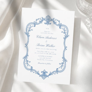 Elegant Vintage Monogram Wedding Dusty Blue Invitation