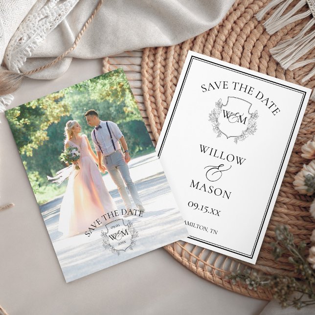 Elegant Vintage Monogram Wedding Save The Date (Photo Elegant Crest Monogram Save The Date front and back)