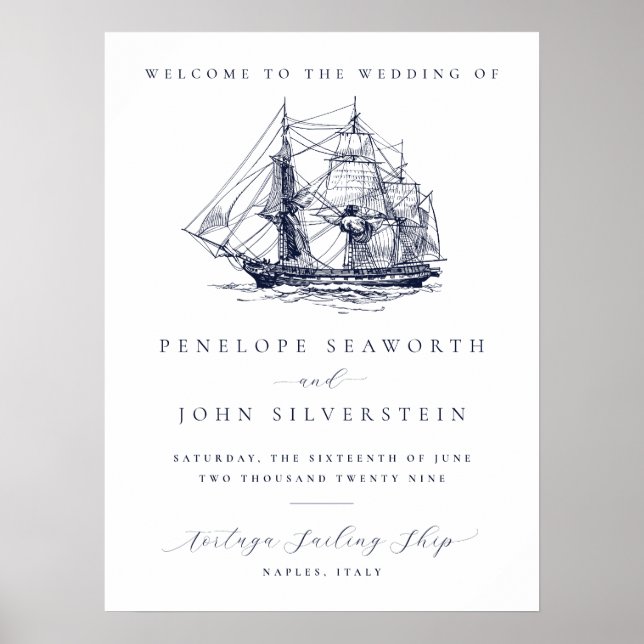Elegant Vintage Nautical Ship Destination Wedding Poster (Front)