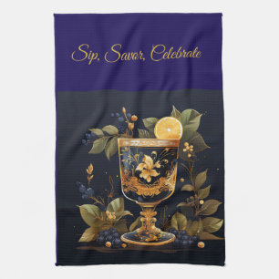 Elegant Vintage Navy Blue and Gold Christmas  Tea Towel