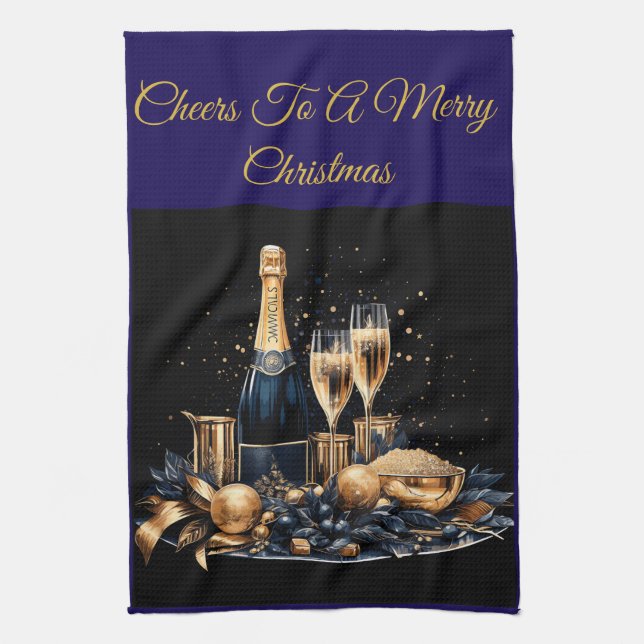 Elegant Vintage Navy Blue and Gold Kitchen Towel (Vertical)