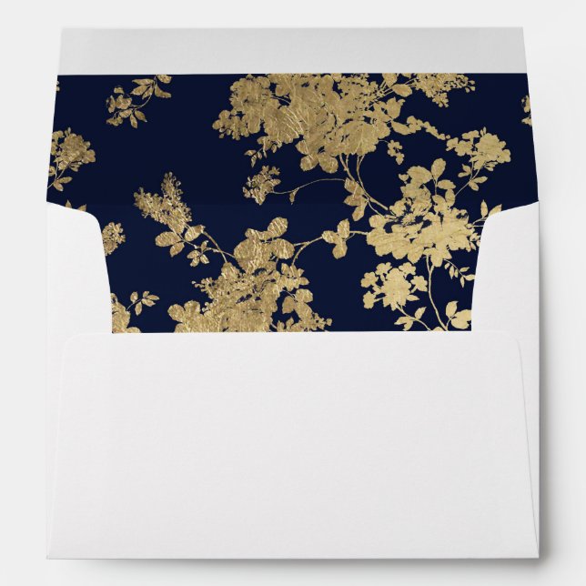 Elegant vintage navy blue faux gold flowers envelopes (Back (Bottom))