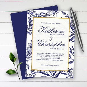 Elegant Vintage Navy Blue Gold Botanical Wedding Invitation