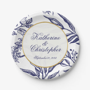 Elegant Vintage Navy Blue Gold Botanical Wedding Paper Plate