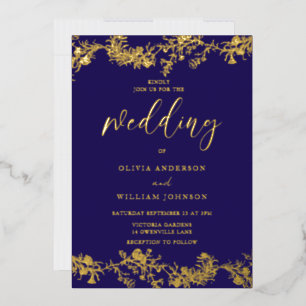 Elegant Vintage Navy & Gold Foil Floral Wedding