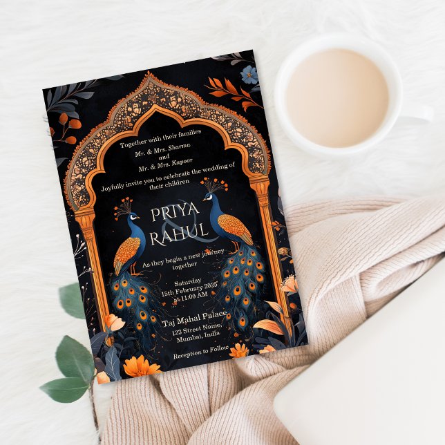 Elegant Vintage Navy Peacocks Arch Indian Wedding Invitation (traditional indian wedding invitation with an arch and peacocks)