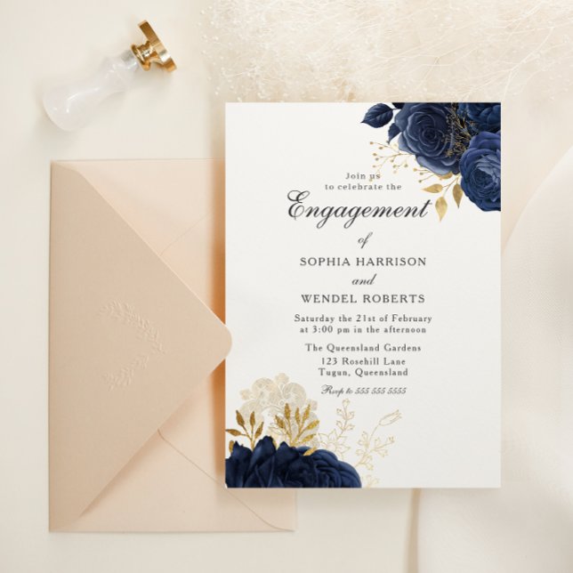 Elegant Vintage Navy Roses Engagement Party Invitation (Creator Uploaded)
