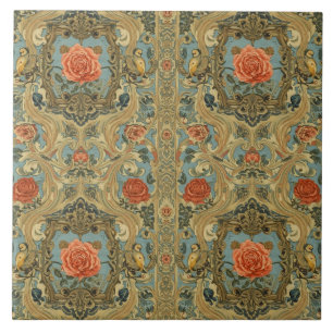 Elegant Vintage Nouveau Floral Birds Ceramic Tile