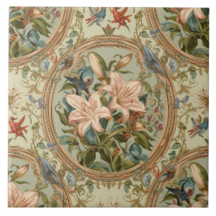 Elegant Vintage Nouveau Floral Birds Ceramic Tile