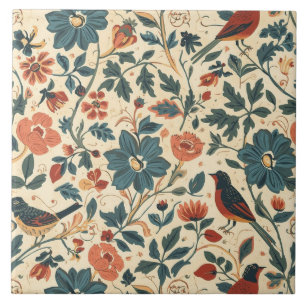 Elegant Vintage Nouveau Floral Birds Ceramic Tile