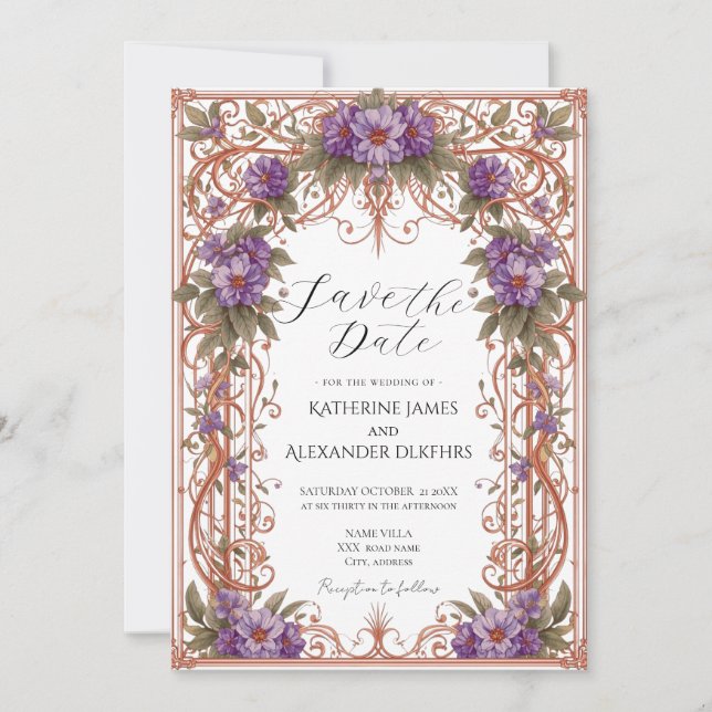 Elegant Vintage Nouveau Wedding Save The Date Invitation (Front)