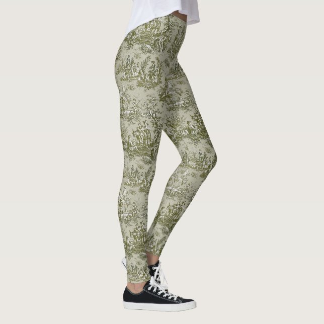 Elegant vintage olive green toile de jouy leggings (Right)