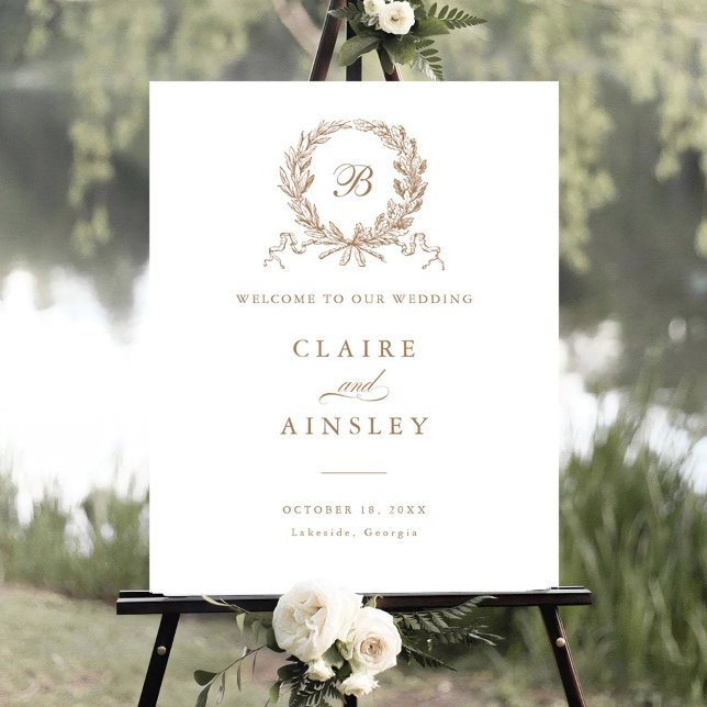 Elegant Vintage Olive Oak Gold Wreath Welcome Sign (Creator Uploaded)