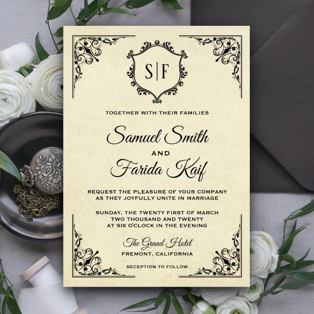 Elegant Vintage Ornate Monogram Wedding Invitation (Creator Uploaded)